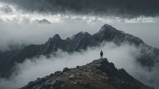 A lone figure stands on a rocky mountain peak surrounded by mist and dramatic dark clouds with rugged terrain stretching into the distance.