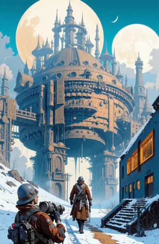 High-detail concept art depicting futuristic architecture with intricate towers and patterns in a snowy landscape, featuring two soldiers in winter gear observing the structure.