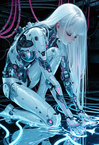 A photorealistic futuristic robot woman with long white hair kneeling amidst glowing blue and pink cables in a dark industrial cyberpunk environment.