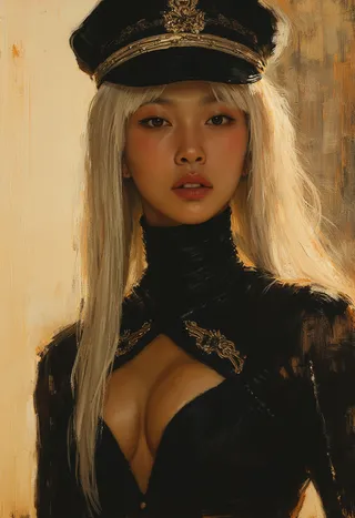 Photorealistic oil painting portrait of a stunning oriental sci-fi policewoman with long platinum hair and police cap, wearing a partially unzipped skin-tight black bodysuit showcasing cleavage, rendered in sepia tones.