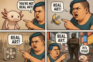Four-panel semi-realistic comic showing a blue-haired woman accusing a sad axolotl it is not real art, pointing at a banana taped to a wall, a box fan, and a Times Square statue while proclaiming them real art.