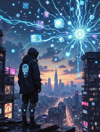 A cyberpunk hooded figure wearing a dark techwear jacket with neon blue skull design stands on a rooftop overlooking a futuristic city at dusk, with cybernetic legs and glowing digital panels in the sky.