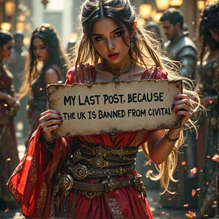 A beautiful woman in detailed medieval fantasy attire holds a vintage parchment sign reading 'MY LAST POST, BECAUSE THE UK IS BANNED FROM CIVITAI', surrounded by blurred figures in the background.