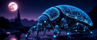 A close-up full-body biomechanical beetle with glowing turquoise circuits beneath a semi-transparent crystalline shell, standing in an alien jungle at twilight with ringed planets in the sky.