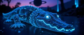 A translucent biomechanical alligator with glowing turquoise circuits beneath its crystalline hide, glowing eyes, set in a twilight alien jungle with bioluminescent plants and two ringed planets in the purple sky.