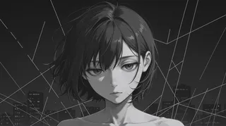 Black and white close-up portrait of a woman with short hair, a bored expression, shown in silhouette and strong backlight, with abstract geometric lines and city buildings in the background, in a minimalist and symmetrical style.