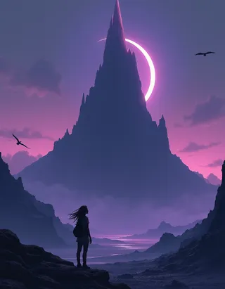 Silhouette of a lone traveler standing in a rocky canyon facing a towering obsidian spire with a glowing crescent sun behind it, under a purple twilight sky, with birds flying nearby.