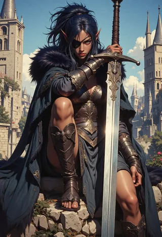 Athletic dark-skinned elf woman with pointed ears, wearing leather armor and a fur coat, holding a large silver great sword, sitting on a stone wall in a medieval fantasy city under a blue sky.