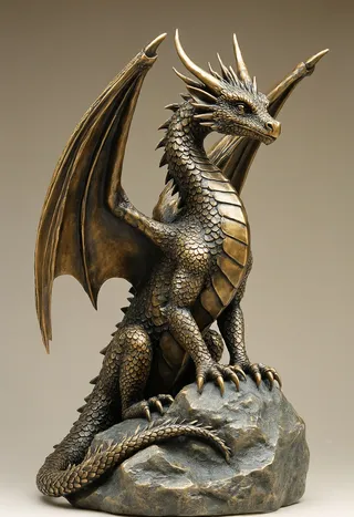 Detailed bronze sculpture of a dragon sitting on a rock with intricately crafted scales and wings.