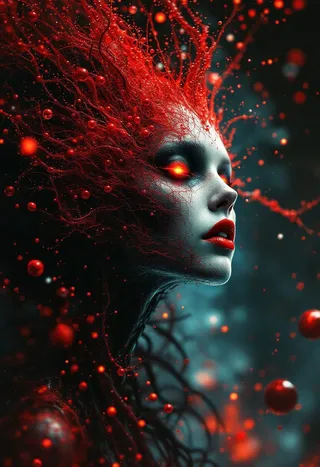 A surreal dark portrait of a pale figure with vivid red fractal tendrils extending from the head, glowing red eyes, and bright red lips surrounded by floating red particles.