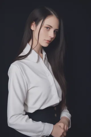 A portrait of a woman with long black hair wearing a white long-sleeve shirt against a dark background, illuminated by soft backlighting and dramatic shadows.