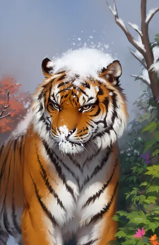 Eine digitale Malerei eines schneebedeckten missmutigen Tigers mit orange-weißem Fell und schwarzen Streifen, Schnee auf Nase und Schnurrhaaren, vor üppigem grünem und farbenfrohem Frühlingslaub mit Anzeichen von Herbst- und Sommersaison.