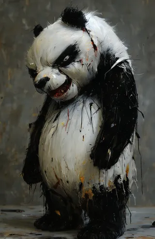 Distressed black and white panda with a menacing expression and grungy, paint-splattered fur in a dark horror art style.