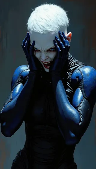 Full body portrait of a muscular albino female with cropped white hair and blue eyes, wearing blue and black Mass Effect style armor, screaming with hands on her head inside a dark spaceship, painted in a detailed, gothic oil painting style.