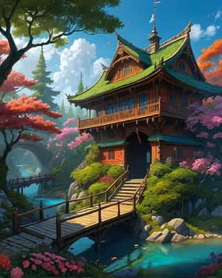 A beautifully detailed anime-style rendition of a wooden Japanese house surrounded by vibrant red and pink trees, with a serene blue river and wooden bridges under a bright blue sky.