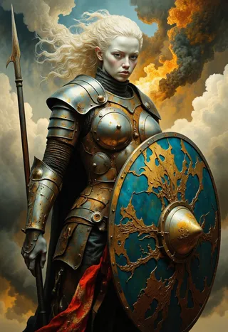 Female Viking warrior with bright white skin and flowing silver hair, clad in heavy, weathered armor, holding a spear and a worn blue and gold shield, standing resolutely against an epic cloudy sky with fiery smoke.