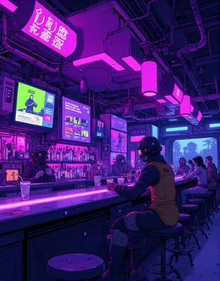 Cyberpunk bar interior bathed in violet neon lighting with patrons wearing futuristic helmets and outfits seated at a long bar counter under mechanical piping and glowing screens.
