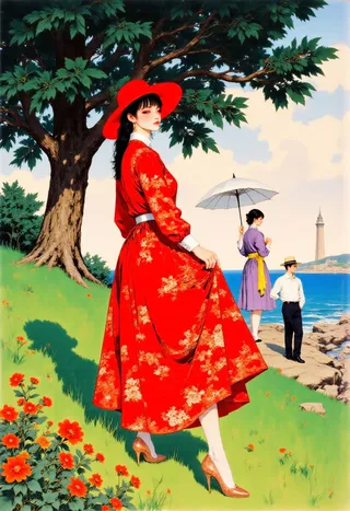 A vintage elegant woman in a red floral dress and large red hat stands on a grassy green slope beneath a large tree, with a distant coastal tower, sky, and two other figures near the shoreline, all in Pierre Brissaud’s soft watercolor style.