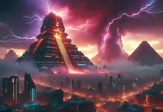 A futuristic cyberpunk city featuring massive brutalist aztec pyramidal skyscrapers illuminated by neon lights, with a volcanic eruption and lightning storm in the background.