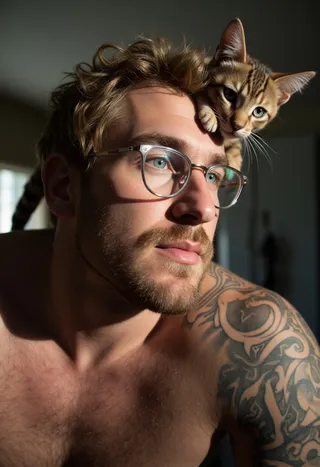 Close-up of a young man with blonde goatee stubble and glasses, illuminated by the morning sun, with a tabby cat resting on his shoulder and a large tattoo on his arm.