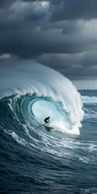 Surfing on a large curling ocean wave with a stormy sky in the background, showing a lone surfer in a black wetsuit on a green surfboard inside the wave’s barrel.