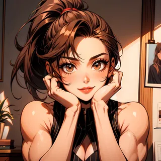 Anime-style illustration of a muscular girl with brown hair tied in a ponytail, gleeful expression, and detailed brown eyes, resting her chin on her hands while wearing a pinstripe dress.