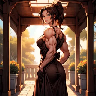 Muscular woman with brown ponytail and gleeful face wearing a black dress stands under a wooden gazebo with sunlight filtering through