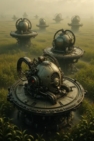 Floating biomechanical harvester machine platforms with rotating rings, situated in wide corn fields under foggy atmospheric light.