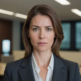 Professional business woman wearing a dark suit with a white shirt, staring directly at the camera with a serious expression in an office setting.