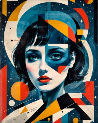 Abstract Bauhaus style portrait of a woman with geometric shapes and celestial elements in space thriller movie poster design