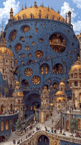 A grand blue fortress with circular windows and golden domes surrounded by crowds on stone steps and walkways under a bright sky.