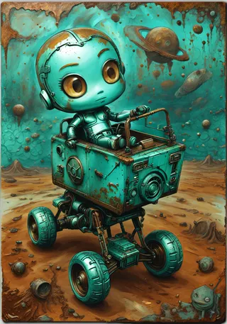 A chibi-style robot with a large head and expressive eyes sits in a rusted, patina-covered space buggy on a lunar-like terrain with floating planets and moons in the background.