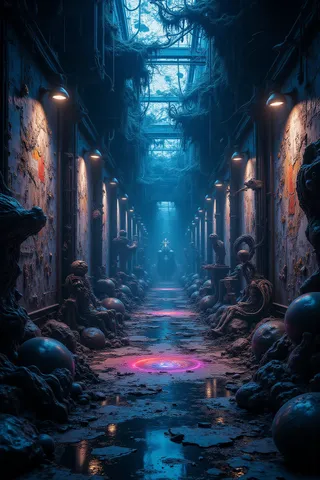 A modern hallway with monochrome black and white decor enhanced by blue light, featuring detailed abstract designs, intricate textures, and soft diffused lighting creating a calm yet vibrant atmosphere.