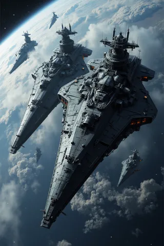 A fleet of powerful dreadnought-class starships with dark metal multi-level hulls orbitting Earth, surrounded by smaller escort vessels above cloud-covered continents.