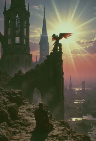 A lone harpy with feathered wings perched atop ruined gothic cathedral, backlit by a glowing sunset sky, overlooking a vast desolate wasteland with distant spires.