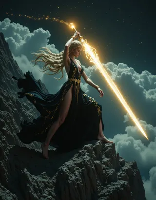 A powerful ethereal blonde woman stands barefoot on a jagged mountain peak at night, wearing a flowing black gown with golden embroidery and wielding a radiant, glowing sword mid-swing beneath a starry sky.