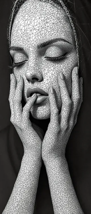 A hyperrealistic detailed line-art portrait of a woman with closed eyes and hands gently touching her face, created using geometric triangular patterns in black and white.
