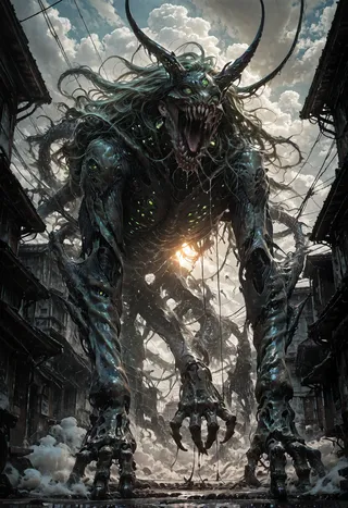 A gigantic mecha monster with multiple eyes, sharp teeth, and long horns looming over a street with collapsing buildings under a cloudy sky with volumetric lighting.