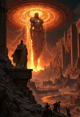 A towering divine being made of molten lava and star-fire rises above ancient ruined civilization under a fiery swirling vortex surrounded by lightning and glowing sigils, with figures observing from rocky cliffs.