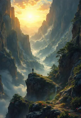 A breathtaking high fantasy mountain valley at sundown with a solitary figure standing on a rocky cliff surrounded by mist and glowing sunlight.