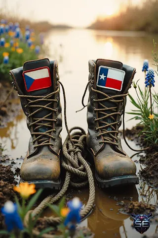 Worn rescue boots with Czech and Texas flag patches stand on muddy riverbank soil amid wildflowers, beside a coiled rope at golden sunrise.
