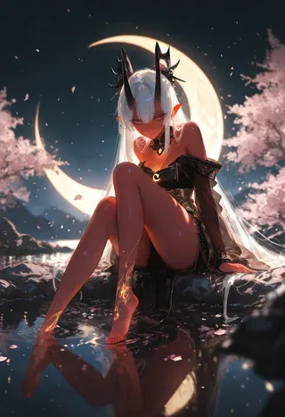 A detailed illustration of a red-skinned oni girl with white hair and black horns sitting on a glowing crescent moon above a tranquil lake, surrounded by cherry blossom petals at night.