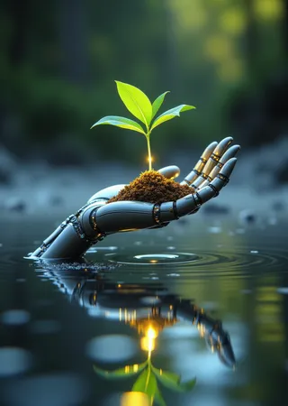 A sleek robotic hand rises from calm water holding fertile soil with a vibrant green seedling, reflecting softly in water under gentle lighting.