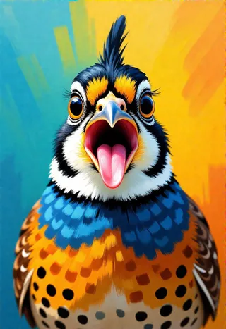 A vibrant acrylic painting portrait of an excited quail with its beak open, tongue out, large shiny eyes, and colorful detailed feathers.