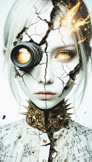 A fractured porcelain face of a female figure with one eye replaced by a glowing vintage camera lens, dark gold staples joining the cracks, and fiery embers flickering on one side, wearing a spiked collar and a delicate blouse with circuit patterns.