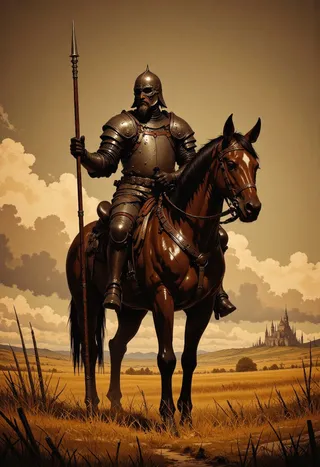 A sepia-toned image of Ilya Muromets, a knight in full medieval armor, holding a spear while mounted on a brown horse in a vast field with a castle in the distant background.