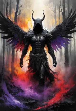 A dark, muscular hooded figure with large black wings and horned headpiece, standing in a misty forest surrounded by swirling fiery orange, red, and purple smoke.