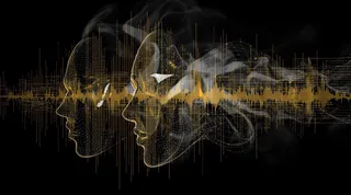 Abstract golden digital sound waves morphing into ghostly faces with smoky textures on a black background in a glitch-art style.