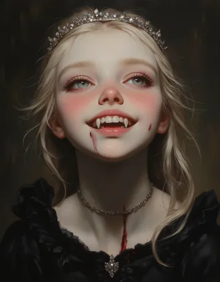 Oil painting of a fragile, innocent-looking pale vampire princess with blood on her face and neck, smiling widely to reveal sharp fangs. She wears a black corseted dress and a silver circlet.