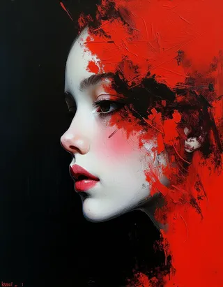 Abstract oil painting portrait of a young teen girl in profile with a red and black textured background and palette knife paint on her face.